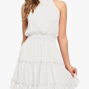 XL- White, Halter, A Line, Sleeveless, Smocked Waist, Ruffle, Mini